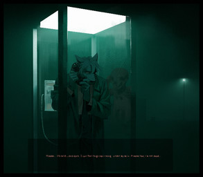 anthro bangs black_eyes bone bottomwear claws clothed clothing coat duo electronics fog fully_clothed fur green_lighting grey_body grey_fur grey_hair hair holding_object holding_phone horror_(theme) male necktie pants phone phone_booth phone_call sharp_teeth skull street_lamp teeth text topwear white_sclera h0lycr0w canid canine canis ghost mammal spirit wolf english_text hi_res