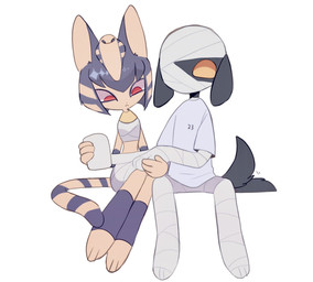 anthro clothing duo egyptian egyptian_clothing egyptian_headdress empty_eyes female male mummy_wrappings red_eyes shirt simple_background sitting slim tail tail_motion tailwag topwear white_background white_clothing white_shirt white_topwear wraps yellow_eyes masayo animal_crossing nintendo ankha_(animal_crossing) lucky_(animal_crossing) canid canine canis domestic_cat domestic_dog felid feline felis mammal mummy undead hi_res