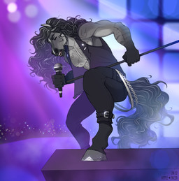 anthro black_body black_bottomwear black_clothing black_fur black_pants black_tail black_topwear bottomwear clothed clothing electronics eyes_closed fur grey_body grey_fur hair holding_microphone holding_object long_hair male male_anthro microphone nipples open_clothing open_mouth open_topwear pants rocking_out singing solo stage standing striped_arms tail topwear wavy_hair apple-faced equid equine horse mammal 2022 hi_res