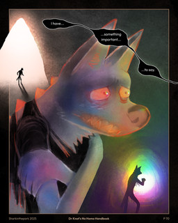 anthro black_border black_clothing black_shirt black_topwear border cave clothing dialogue glowing male orange_eyes sharp_teeth shirt silhouette solo speech_bubble spikes spikes_(anatomy) teeth text topwear torn_clothing worried sharkinthepark rowel_(sharkinthepark) canid canine fox mammal 2025 4:5 absurd_res english_text hi_res
