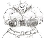 anthro biceps bulge clothing fingerless_gloves flexing gloves handwear horn male muscular muscular_anthro muscular_male navel pecs smile smirk solo wrestler wrestling_briefs groundfreaks kings_of_hell enfer_belial bovid caprine demon goat mammal hi_res