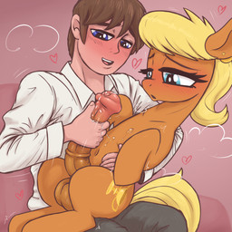 balls bestiality blonde_hair blue_eyes blush bottomwear brown_body brown_hair clothed clothing crossgender duo eyelashes feral ftm_crossgender genitals hair handjob heart_symbol human_on_feral interspecies looking_pleasured male male/male penile penis pupils quadruped sex tail thick_thighs topwear white_clothing t72b friendship_is_magic hasbro my_little_pony ms._harshwhinny_(mlp) equid equine human mammal 1:1 2026 absurd_res hi_res