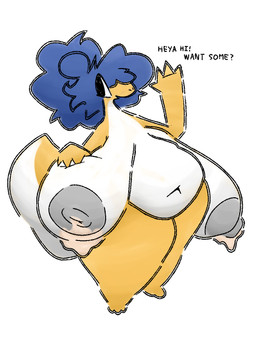 anthro belly big_nipples blue_hair bodily_fluids breasts dialogue female gesture hair hanging_belly hanging_breasts holding_breast lactating nipples obese obese_anthro obese_female overweight overweight_anthro overweight_female sagging_breasts simple_background smile solo standing tied_hair waving waving_at_viewer white_background white_belly yellow_body ltoo ltoo_(sona) scalie 2025 hi_res