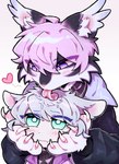 anthro barbed_tongue blue_hair clothed clothing duo female hair heart_symbol kemono licking_hair pink_hair simple_background teal_eyes tongue white_background zhang_gun ah_xin_(zhang_gun) xiaohen_(zhang_gun) felid mammal pantherine snow_leopard 2023 hi_res