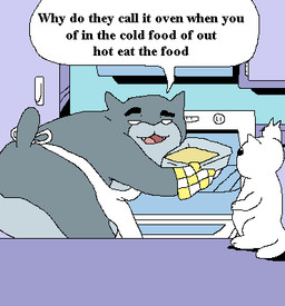 ambiguous_feral ambiguous_gender anthro appliance apron apron_only biped bipedal_feral breasts butt clothing dialogue duo fangs female female_anthro feral fur grey_body grey_fur handwear inside kitchen_appliance larger_anthro larger_female looking_at_another monotone_body monotone_fur multicolored_body multicolored_fur oven oven_mitts size_difference smaller_ambiguous smaller_feral speech_bubble standing teeth text two_tone_body two_tone_fur white_body white_eyes white_fur richard_roe mewgenics why_do_they_call_it_oven? guillotina_(mewgenics) stacy_(mewgenics) domestic_cat felid feline felis mammal 2026 aliasing binary_drawing colored digital_drawing_(artwork) digital_media_(artwork) english_text low_res meme