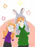 anthro blush cheek_tuft clothed clothing duo eyes_closed facial_tuft fake_ears fake_fox_ears fake_rabbit_ears fully_clothed fur grey_body grey_fur grin open_mouth open_smile orange_body orange_fur smile sweater topwear tuft moromorowephi disney zootopia judy_hopps nick_wilde canid canine fox lagomorph leporid mammal rabbit red_fox true_fox 3:4