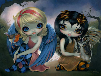 ambiguous_gender beak black_hair clothed clothing detailed_background dress eyebrows eyelashes feathered_wings feathers female feral group hair highlights_(coloring) lips long_hair looking_at_viewer makeup orange_eyes pink_lips plant pupils sitting tail thick_lips tree wings jasmine_becket-griffith owlyn_(jasmine_becket-griffith) robyn_(jasmine_becket-griffith) animal_humanoid avian avian_humanoid bird bird_humanoid fairy great_horned_owl horned_owl humanoid mammal oscine owl owl_humanoid passerine robin_(bird) robin_humanoid true_owl 4:3 dated formal_art painting_(artwork) traditional_media_(artwork) traditional_painting_(artwork)