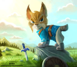 alternate_species black_body black_fur blue_eyes brown_body brown_fur clothed clothed_feral clothing cloud cosplay feral fully_clothed fully_clothed_feral fur furrification grass humor male melee_weapon mountain outside plant pun rock shield sky solo sword tree visual_pun weapon whiskers white_body white_fur piper_thibodeau nintendo the_legend_of_zelda link felid feline lynx mammal digital_media_(artwork) digital_painting_(artwork) painting_(artwork)