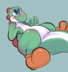 2024 ambiguous_gender blue_eyes blush blush_lines clothed clothing feral fingers footwear green_background green_body green_skin lying mario_bros nintendo on_back shoes simple_background solo squaresville white_body white_skin yoshi