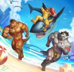 5_fingers 5_toes abs anthro barefoot beak black_hair brown_hair claws clothed clothing cloud feet fingers group hair male muscular muscular_male nipples open_mouth outside sky teeth toes topless raccoon21 jam_(kokurou) koku_(kokurou) zhuang_(kokurou) avian fish mammal marine shark 2016