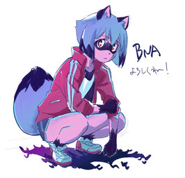 5_fingers anthro biped black_nose blue_body blue_fur blue_hair bottomwear brown_body brown_fur clothed clothing confusion crouching dipstick_tail dolphin_shorts eyebrow_through_hair eyebrows facial_markings female fingers fluffy fluffy_tail fur gloves_(marking) hair head_markings inner_ear_fluff jacket leg_markings looking_at_viewer markings multicolored_body multicolored_fur multicolored_hair multicolored_tail pupils red_clothing shadow short_hair shorts socks_(marking) solo tail tail_markings text topwear translucent translucent_hair tuft two_tone_body two_tone_fur two_tone_hair two_tone_tail tkdgohan brand_new_animal studio_trigger michiru_kagemori canid canine mammal raccoon_dog tanuki 2019 digital_media_(artwork) english_text japanese_text sketch