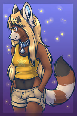 anthro blonde_hair bottomwear breasts cleavage clothed clothing collar female hair midriff shorts solo tail tomboy unknown_artist ailurid mammal red_panda character_request unavailable_at_source