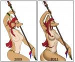 anthro border breasts female hair markings melee_weapon nipples piercing polearm red_hair solo spear tribal version_comparison warrior weapon white_border cayo malani canid canine canis coyote mammal 2009 2011 multiple_images