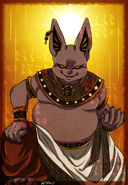 anthro big_ears bottomwear clothed clothing ear_piercing ear_ring egyptian egyptian_clothing hairless long_ears looking_at_viewer male moobs pants piercing pose purple_body purple_ears purple_nose purple_skin ring_piercing slightly_chubby smile solo sun yellow_eyes rakudx dragon_ball dragon_ball_super champa domestic_cat felid feline felis hairless_cat mammal sphynx_(cat) portrait