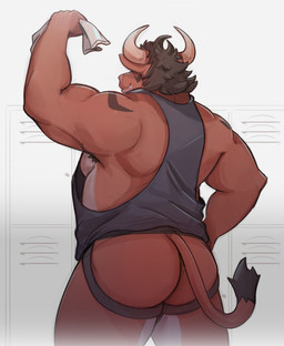 anthro arm_tattoo armpit_hair biceps big_butt black_clothing black_jockstrap black_shirt black_tank_top black_topwear black_underwear body_hair butt clothing flexing flexing_bicep grin hand_on_hip holding_object holding_towel horn jockstrap locker locker_room male manly musclegut muscular pecs shirt shoulder_tattoo slightly_chubby smile solo tank_top tattoo thick_thighs topwear towel triceps underwear zcdartz bovid bovine cattle mammal 2023 absurd_res hi_res