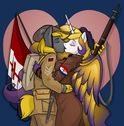 ambiguous_gender backpack bayonet clothing duo eyes_closed feathered_wings feathers female flag gun hat headgear headwear heart_symbol horn hug kissing knife ranged_weapon simple_background tongue transparent_background uniform weapon wings wolfjedisamuel hasbro my_little_pony mythology equid equine horse mammal mythological_creature mythological_equine winged_unicorn alpha_channel hi_res