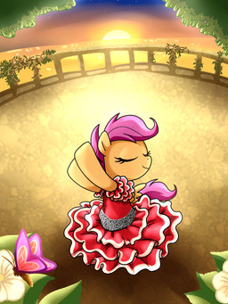 balcony clothing detailed_background dress feathered_wings feathers female feral flower hair insect_wings lepidopteran_wings orange_body orange_feathers pink_hair plant solo sunset tail toony wings young young_female young_feral madmax friendship_is_magic hasbro my_little_pony mythology scootaloo_(mlp) ambient_arthropod ambient_butterfly ambient_insect equid equine mammal mythological_creature mythological_equine pegasus 3:4 hi_res