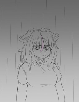 anthro big_breasts breasts cat_tail clothed clothing female frown fur hair highlights_(coloring) multicolored_hair pink_highlights raining sad shirt snout solo t-shirt topwear two_tone_hair whiskers white_body white_fur huwon deltarune undertale_(series) catti_cattenheimer domestic_cat felid feline felis mammal hi_res