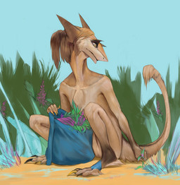 anthro backpack black_claws blue_background blue_backpack brown_hair claws female fur hair multicolored_body multicolored_fur nude outside plant ponytail simple_background sitting solo tail tail_tuft tan_body tan_fur toe_claws tuft two_tone_body two_tone_fur yellow_body yellow_fur akrolayn mammal sergal 2019 digital_media_(artwork) digital_painting_(artwork) full-length_portrait painting_(artwork) portrait
