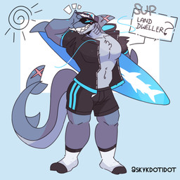 anthro biped black_bottomwear black_clothing black_footwear black_hoodie black_shorts black_socks black_topwear blue_background blue_baseball_cap blue_body blue_bottomwear blue_clothing blue_countershading blue_eyes blue_hoodie blue_shorts blue_topwear bottomwear closed_smile clothed clothed_anthro clothed_male clothing countershade_face countershade_neck countershade_tail countershade_torso countershading dialogue elbow_fin emanata empty_eyes eye_scar facial_scar fin fin_scar fish_tail footwear front_view fully_clothed fully_clothed_anthro fully_clothed_male gills head_fin holding_object holding_surfboard hoodie male mouth_closed multicolored_body muscular muscular_anthro muscular_male neck_gills no_shoes open_clothing open_hoodie open_topwear plantigrade scar shorts simple_background smile snout socks solo speech_bubble surfboard tail tail_fin talking_to_viewer teeth text toothy_grin topwear two_tone_body white_baseball_cap white_clothing white_footwear white_socks skykdotidot aquatic fish shark 1:1 2024 artist_name digital_drawing_(artwork) digital_media_(artwork) english_text full-length_portrait hi_res portrait