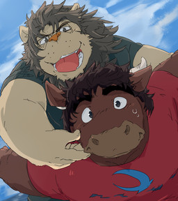 anthro blush clothing duo eyewear glasses humanoid_hands kemono male overweight overweight_male shirt tongue topwear train_(artist) bovid bovine cattle felid lion mammal pantherine 2015