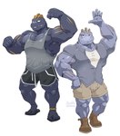 bottomwear clothed clothing duo male muscular muscular_male nipple_piercing nipples pecs piercing red_eyes shirt shorts tank_top topwear yellow_eyes maldu nintendo pokemon flint_steel ryuji_kaiyo generation_1_pokemon humanoid machoke pokemon_(species) absurd_res hi_res