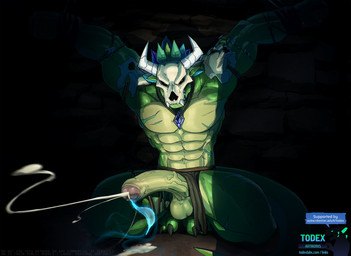 abs anthro balls big_penis bodily_fluids bone bound crotch_apron cum cumshot ejaculation erection foreskin genital_fluids genitals green_body green_skin horn huge_penis humanoid_genitalia humanoid_penis kneeling magic male mask muscular muscular_male penis scar skull solo text tickling todex terraria witch_doctor_(terraria) lizard reptile scalie hi_res url