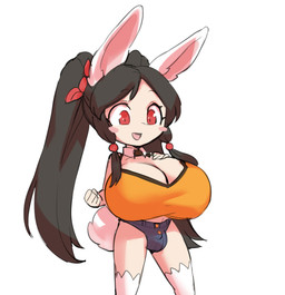 big_breasts black_hair blush bottomwear breasts bulge clothing gynomorph gynomorph_humanoid hair hand_on_breast intersex intersex_humanoid long_hair pigtails red_eyes shorts shortstack shortstack_gynomorph shortstack_intersex simple_background smile solo tail white_background borvar animal_humanoid humanoid lagomorph lagomorph_humanoid leporid_humanoid mammal mammal_humanoid rabbit_humanoid 2022 digital_media_(artwork) hi_res