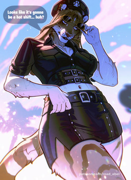anthro belt black_lips blonde_hair blue_eyes bodily_fluids bottomwear clothed clothed_anthro clothed_female clothing colored_nails costume crop_top ear_piercing ear_ring eyewear female fluffy fur hair leather leather_clothing lips markings miniskirt multicolored_body multicolored_fur nails piercing police police_hat police_officer police_uniform pose ring_piercing shirt skirt sky spots spotted_body spotted_fur spotted_markings striped_markings striped_tail stripes sunglasses sweat sweatdrop sweaty_body tail tail_markings tan_body tan_fur topwear uniform whisker_spots whiskers white_body white_fur white_nails road~abelgeym abel_(road~abelgeym) felid hybrid liger mammal pantherine absurd_res hi_res pinup