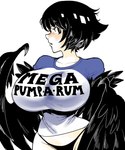 big_breasts black_eyes black_hair breasts clothing female hair huge_breasts panties shirt simple_background solo text text_on_clothing text_on_shirt text_on_topwear topwear underwear wide_hips wings cibastion dark_souls european_mythology fromsoftware greek_mythology mega_milk mythology pickle-pee animal_humanoid avian avian_humanoid harpy humanoid mythological_avian mythological_creature winged_humanoid hi_res meme redraw