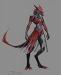 anthro armor black_body black_fur breasts claws cosplay female fur grey_background red_body red_fur simple_background solo tail text toe_claws akrolayn digital_extremes tencent warframe trinity_(warframe) mammal sergal english_text hi_res