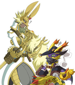 anthro armor belt boots clothing crossed_arms duo footwear fur gloves green_eyes handwear headgear helmet male mask melee_weapon rapier shoes size_difference sword weapon yellow_body yellow_fur portugueselynx bandai_namco digimon digimon_ghost_game digimon_liberator animal_humanoid diarbbitmon digimon_(species) humanoid lagomorph lagomorph_humanoid leporid_humanoid mammal mammal_humanoid nyabootmon rabbit_humanoid saberleomon hi_res