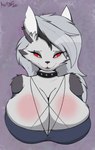 anthro big_breasts blush breasts clothing female fur hair huge_breasts hyper hyper_breasts looking_at_viewer open_mouth red_sclera solo white_body white_fur an-tonio helluva_boss mythology loona_(helluva_boss) canid canid_demon canine demon hellhound mammal mythological_canine mythological_creature absurd_res bust_portrait hi_res portrait