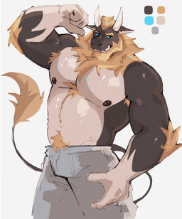 anthro arm_tuft armpit_hair beard belly biceps big_muscles black_nipples blonde_hair blue_sclera body_hair bottomwear chest_hair chest_tuft clothed clothing elbow_tuft eyebrows facial_hair flexing fur gesture hair hand_gesture happy_trail horn looking_at_viewer male multicolored_body musclegut muscular muscular_male nipples partially_clothed pecs pointing pointing_at_self raised_arm simple_background smile solo standing tail topless tuft tusks two_tone_body white_background hirakie1 mythology dragon furred_dragon furred_scalie mythological_creature mythological_scalie scalie 2026 hi_res