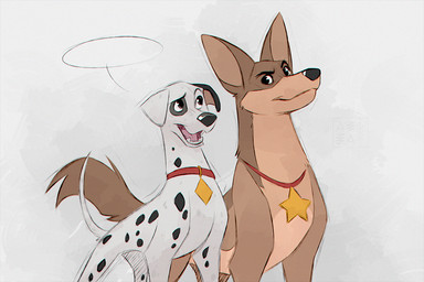 black_eyebrows black_markings black_nose brown_body brown_fur collar duo eye_contact eyebrows fangs feral floppy_ears fur looking_at_another male markings open_mouth red_collar simple_background snout speech_bubble spots spotted_body spotted_fur spotted_markings tail teeth white_body white_fur azzai 101_dalmatians disney patch_(101_dalmatians) thunderbolt_(101_dalmatians) canid canine canis dalmatian domestic_dog german_shepherd herding_dog mammal pastoral_dog 3:2 colored colored_sketch digital_drawing_(artwork) digital_media_(artwork) sketch