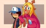 accessory anthro arm_support blonde_hair buckteeth clothing cosplay deer deltarune dipper_pines disney duo female freckles gravity_falls hair hat headband headgear headwear hi_res hidden_eyes hitsuji human kris_(deltarune) leaning_on_another leaning_on_elbow looking_at_viewer mabel_pines male male/female mammal noelle_holiday red_nose shirt simple_background snowgrave sweater teeth topwear undershirt undertale_(series) vest