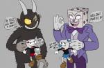 animate_inanimate black_body black_fur bottomwear brother_(lore) brothers_(lore) clothed clothing cuphead_(character) cuphead_(game) demon dialogue english_text fleischer_style_toon footwear for_a_head fur gloves grey_background group handwear horn king_dice larger_male male mugman nude object_head one_eye_closed pencil_mustache question_mark shoes shorts sibling_(lore) simple_background size_difference smaller_male speech_bubble text the_devil_(cuphead) toony toxic-boner wink yellow_eyes