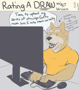 anthro blue_eyes clothed clothing dialogue electronics fur keyboard male monitor open_mouth simple_background solo text koorivlf canid canine canis domestic_dog mammal 2017 absurd_res comic digital_media_(artwork) english_text hi_res