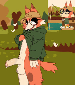 :3 anthro balls bedroom_eyes big_balls black_eyelids blush bodily_fluids bottomless cheek_tuft claws clothed clothing dipstick_ears ear_markings erection eyelashes eyewear facial_markings facial_tuft fangs fishing fishing_rod foreskin fur genital_fluids genitals glasses grass hat head_markings headgear headwear heart_symbol hoodie humanoid_genitalia humanoid_penis long_foreskin looking_at_viewer male markings multicolored_body multicolored_ears multicolored_fur narrowed_eyes open_mouth open_smile orange_body orange_ears orange_fur penis pink_nose plant precum presenting presenting_penis seductive smile solo standing teeth text topwear topwear_lift tree tuft two_tone_body two_tone_fur wearing_glasses white_body white_fur bebebebebe webfishing canid canine canis domestic_dog mammal 2024 english_text reference_image