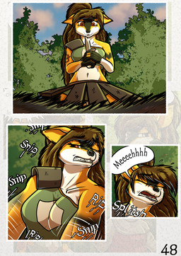anthro brown_hair fantasy female fur hair large_spitz long_hair medieval red_eyes the_quest_for_quests white_body white_fur yellow_body yellow_fur zaiksmckraven tqfq madlaine_mckraven canid canine canis domestic_dog german_spitz mammal spitz absurd_res comic hi_res