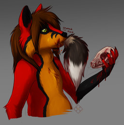 anthro blood blood_on_face bodily_fluids bone brown_hair chewing death duo gore green_eyes green_sclera hair hard_vore holding_skull looking_at_skull male skull tail tail_in_mouth vore lemondeer ash_(metal_fox) kiba_(crescentwolf) bat canid canine fox hybrid mammal half-length_portrait hi_res portrait