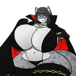 anthro big_breasts black_hair blue_eyes bottomwear breasts cape chain cleavage clothed clothing curvy_figure ear_piercing ear_ring eyewear female fingers fur glasses hair huge_breasts hyper looking_at_viewer midriff navel piercing ring_piercing simple_background smile solo spots standing teeth thick_thighs tongue topwear voluptuous wide_hips hayakain katrina_franklin_(lildredre) felid feline felis leopard mammal pantherine snow_leopard vampire 1:1 digital_media_(artwork)