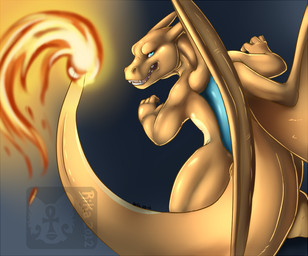 ambiguous_gender blue_eyes claws feral fire flaming_tail glistening glistening_arms glistening_body glistening_legs gradient_background looking_back membrane_(anatomy) membranous_wings open_mouth orange_body orange_skin rear_view simple_background solo standing tail text wings year rika_(artist) mythology nintendo pokemon charizard dragon generation_1_pokemon mythological_creature mythological_scalie pokemon_(species) scalie 2012 artist_name dated digital_media_(artwork) shaded soft_shading watermark