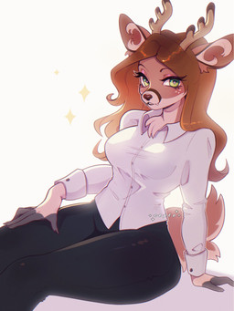 anthro arm_support black_bottomwear black_clothing black_pants blush bottomwear brown_hair brown_nose cartoon_freckles chest_tuft clothed clothing collared_shirt dress_shirt eyelashes fangs female freckled_face freckles glistening_eyelids green_eyes hair horn inner_ear_fluff long_eyelashes long_hair pants pink_eyelids shirt simple_background sitting solo tail teeth topwear tuft white_background white_dress_shirt cepto_(artist) deer mammal 2023 3:4 colored digital_drawing_(artwork) digital_media_(artwork) hi_res shaded