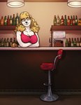 anthro bar bartender black_nose blonde_hair blue_eyes bottle breasts clothed clothing container crossed_arms eyebrows female fully_clothed grin hair inside key lamp looking_at_viewer sign smile solo text white_hair thetiedtigress bianca_(chemicalinfantry) canid canine canis domestic_dog mammal poodle digital_media_(artwork) english_text story story_in_description