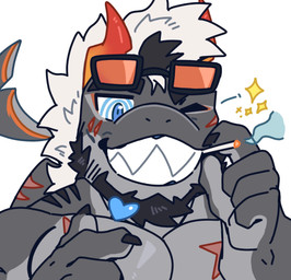 2_horns anthro beard black_facial_hair black_hair blue_eyes cheek_scar chest_scar cigarette claws eyewear eyewear_on_head facial_hair facial_scar fin fin_scar finger_claws gills glasses glasses_on_head grey_body grey_scales hair horn looking_at_viewer male muscular muscular_anthro muscular_male one_eye_closed orange_horn scales scar smoking smoking_cigarette solo sparkles white_hair wink winking_at_viewer milkdango12138 ethan_shax aquatic fish shark 2025 hi_res