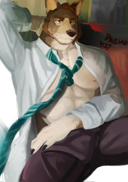 anthro biped black_nose brown_eyebrows brown_eyes claws clothed clothed_anthro clothed_male clothing eyebrows humanoid_hands male muscular muscular_anthro muscular_male nipples solo tansuooooo echo_(series) echo_project the_smoke_room william_adler canid canine canis coyote mammal 2024 colored hi_res signature