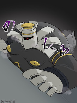 1_eye anthro belly grey_body heart_eyes heart_symbol lying male moobs nipples on_front overweight solo text k_y_auauau nintendo pokemon dusknoir generation_4_pokemon ghost pokemon_(species) spirit 3:4 hi_res japanese_text