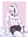 abs anthro biceps blush bulge chest_tuft clothed clothing fangs fur heart_symbol horn long_ears looking_at_viewer male markings muscular muscular_anthro muscular_male nipples simple_background smile smirk solo teeth text topless tuft underwear white_body white_fur zelen undertale undertale_(series) asriel_dreemurr_(god_form) boss_monster_(undertale) bovid caprine mammal english_text