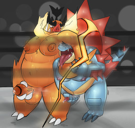 anthro arm_grab armpit_fetish armpit_hair armpit_sniffing balls beard belly big_belly big_nipples bodily_fluids body_hair duo facial_hair feral fighting_ring genital_fluids genitals male male/male masturbation nipples overweight overweight_anthro overweight_dom overweight_male overweight_sub penile penis penis_touching penises_touching precum sex sex_game smelly sniffing submissive submissive_male sweat wrestling hidronics nintendo pokemon pokemon_legends_z-a luke_hidron emboar feraligatr generation_2_pokemon generation_5_pokemon generation_9_pokemon humanoid mega_emboar mega_evolution mega_feraligatr pokemon_(species) hi_res